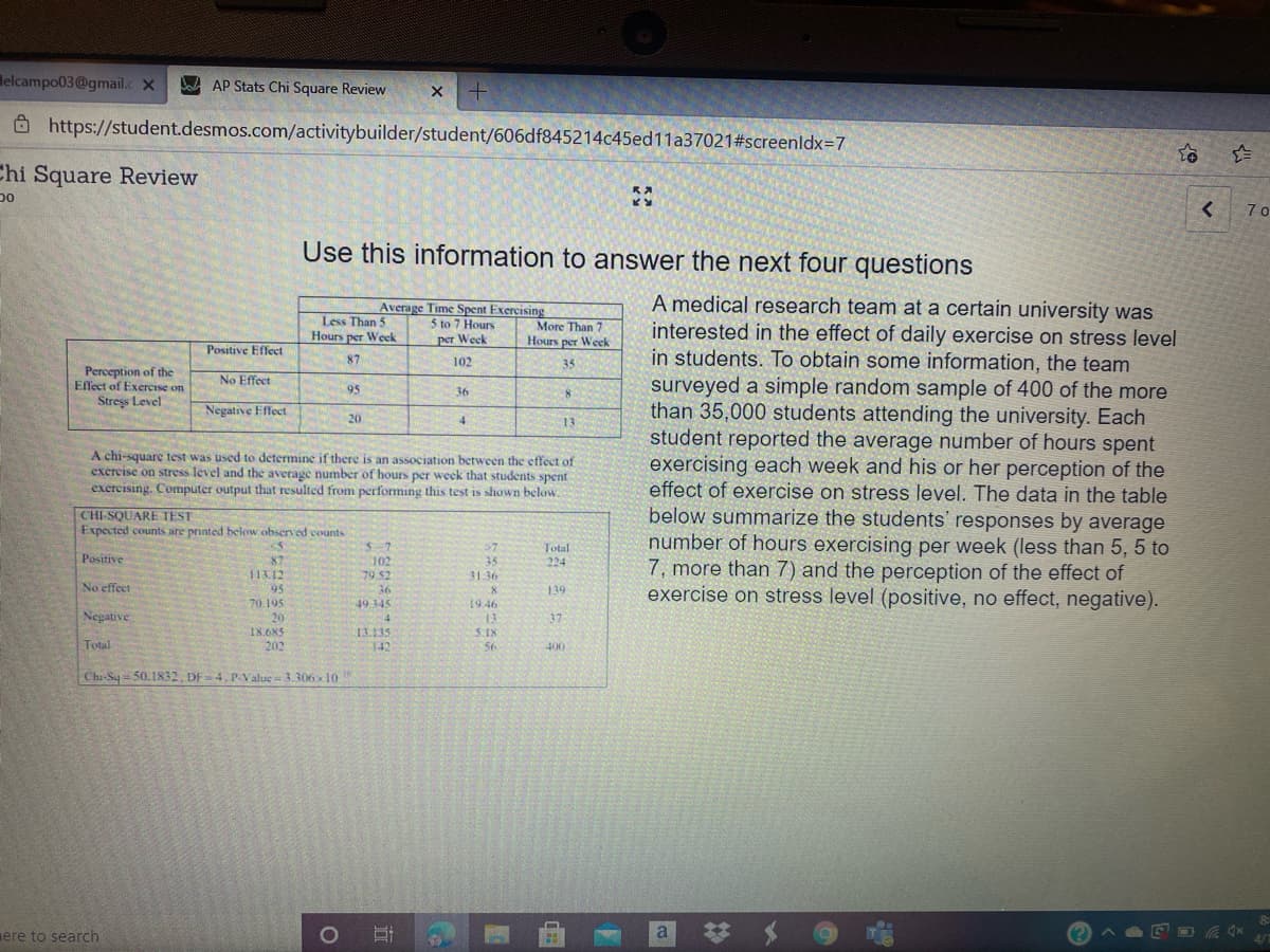 Helcampo03@gmail.c X
bd AP Stats Chi Square Review
O https://student.desmos.com/activitybuilder/student/606df845214c45ed11a37021#screenldx=7
Chi Square Review
70
Use this information to answer the next four questions
A medical research team at a certain university was
interested in the effect of daily exercise on stress level
in students. To obtain some information, the team
surveyed a simple random sample of 400 of the more
than 35,000 students attending the university. Each
student reported the average number of hours spent
exercising each week and his or her perception of the
effect of exercise on stress level. The data in the table
below summarize the students' responses by average
number of hours exercising per week (less than 5, 5 to
7, more than 7) and the perception of the effect of
exercise on stress level (positive, no effect, negative).
Average Time Spent Exercising
5 to 7 Hours
Less Than 5
Hours per Week
More Than 7
Hours per Week
per Week
Positive Effect
87
102
35
Perception of the
Eflect of Exercise on
Stress Level
No Effect
95
36
Negative Effect
20
13
A chi-square test was used to determine if there is an association between the effect of
exercise on stress level and the average number of hours per week that students spent
exercising. Computer output
resulted from performing this test is shown below.
CHI-SQUARE TEST
Expected counts are printed below observed counts
S-7
>7
35
Total
Positive
87
102
79.52
36
49 145
224
113.12
31.36
No effeet
95
139
70.195
20
18.685
202
19.46
Negative
4
13.135
142
13
5.18
56
37
Total
400
Chi-Sy = 50.1832, DF=4, P-Value = 3.306x10"
ere to search
a.
