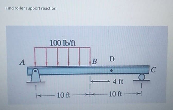 Find roller support reaction
A
I
100 lb/ft
B
4 ft
10 ft 10 ft
D
1
C