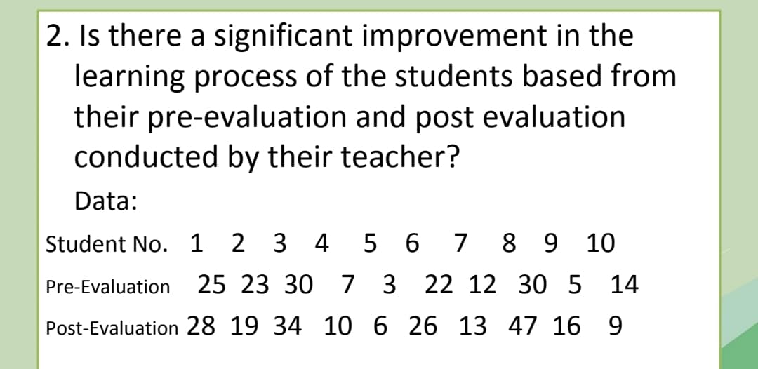 2. Is there a significant improvement in the
learning process of the students based from
their pre-evaluation and post evaluation
conducted by their teacher?
Data:
Student No. 1 2
3 4 5 6
7 8 9
10
Pre-Evaluation
25 23 30 7 3 22 12 30 5 14
Post-Evaluation 28 19 34 10 6 26 13 47 16 9
