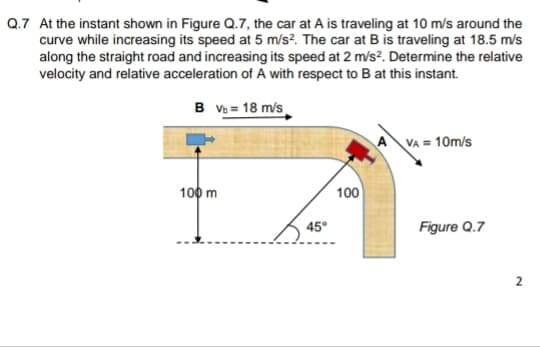 Q.7 At the instant shown in Figure Q.7, the car at A is traveling at 10 m/s around the
curve while increasing its speed at 5 m/s?. The car at B is traveling at 18.5 m/s
along the straight road and increasing its speed at 2 m/s?. Determine the relative
velocity and relative acceleration of A with respect to B at this instant.
B v = 18 m/s
A VA = 10m/s
100 m
100
45°
Figure Q.7
2
