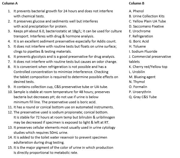 Column A
Column B
1. It prevents bacterial growth for 24 hours and does not interfere
A. Phenol
with chemical tests.
B. Urine Collection Kits
2. It preserves glucose and sediments well but interferes
with acid precipitation for protein.
3. Keeps pH about 6.0, bacteriostatic at 18g/L; it can be used for culture
C. Yellow Plain UA Tube
D. Saccomano Fixative
E. Urochrome
F. Refrigeration
G. Boric Acid
transport. Interferes with drug & hormone analysis.
4. It is an excellent sediment preservative especially for Addis count.
5. It does not interfere with routine tests but floats on urine surface;
H. Toluene
1. Sodium Fluoride
J. Commercial preservative
clings to pipettes & testing materials.
6. It prevents glycolysis and is a good preservative for drug analysis.
7. It does not interfere with routine tests but causes an odor change.
8. It is convenient when refrigeration is not possible and has a
tablets
K. Cherry red/Yellow top
L. Urobilin
Controlled concentration to minimize interference. Checking
the tablet composition is required to determine possible effects on
M. Blueing agent
N. Thymol
O. Formalin
P. Uroerythrin
Q. Gray C&S Tube
desired tests.
9. It contains collection cup, C&S preservative tube or UA tube.
10. Sample is stable at room temperature for 48 hours; preserves
bacteria but decreases pH; do not use if urine is below
minimum fill line. The preservative used is boric acid.
11. It has a round or conical bottom use on automated instruments.
12. The preservative used is sodium propionate; conical bottom.
It is stable for 72 hours at room temp but bilirubin & uribilinogen
may be decreased if specimen is exposed to light & left at RT.
13. It preserves cellular elements most usually used in urine cytology
studies which requires 50ml urine.
14. It is added to the toilet water reservoir to prevent specimen
adulteration during drug testing.
15. It is the major pigment of the color of urine in which production
Is directly proportional to metabolic rate.
