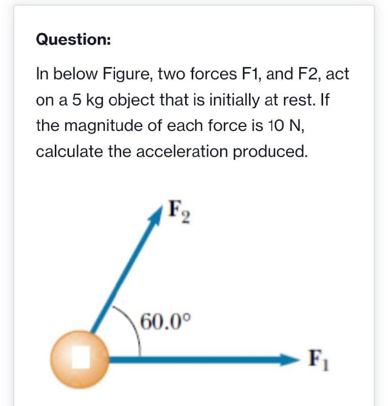 Question:
In below Figure, two forces F1, and F2, act
on a 5 kg object that is initially at rest. If
the magnitude of each force is 10 N,
calculate the acceleration produced.
F2
60.0⁰
F₁