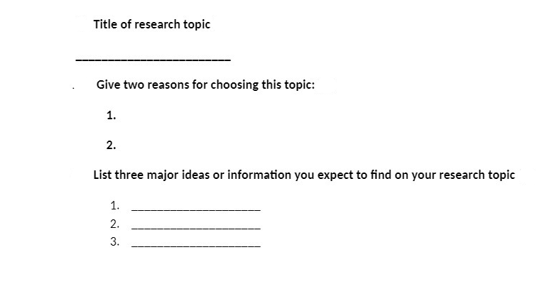 Title of research topic
Give two reasons for choosing this topic:
1.
2.
List three major ideas or information you expect to find on your research topic
1.
2.
3.
