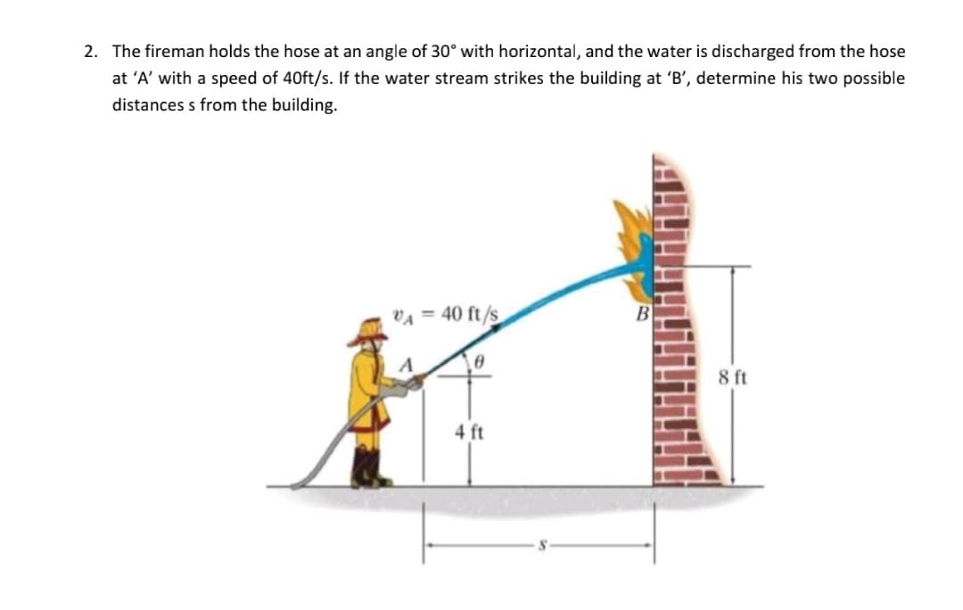 2. The fireman holds the hose at an angle of 30° with horizontal, and the water is discharged from the hose
at 'A' with a speed of 40ft/s. If the water stream strikes the building at 'B', determine his two possible
distances s from the building.
VA = 40 ft/s
8 ft
4 ft
