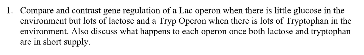 1. Compare and contrast gene regulation of a Lac operon when there is little glucose in the
environment but lots of lactose and a Tryp Operon when there is lots of Tryptophan in the
environment. Also discuss what happens to each operon once both lactose and tryptophan
are in short supply.
