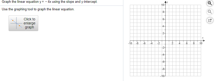 Graph the linear equation y = - 4x using the slope and y-intercept.
Use the graphing tool to graph the linear equation.
10-
Q
8-
Click to
6-
enlarge
graph
4-
2-
-10
-8.
-6
-4
10
-2-
-4-
-6-
-8-
-10
