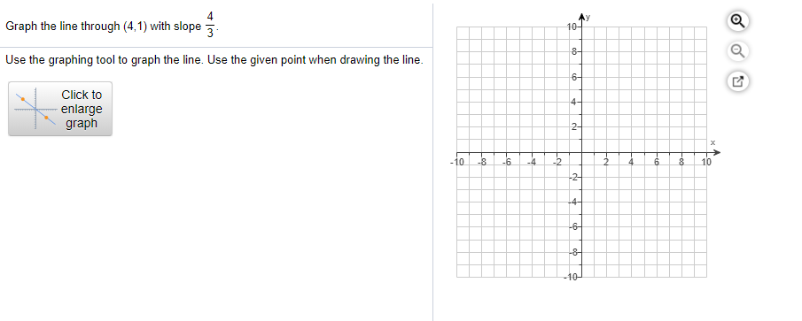4
Graph the line through (4,1) with slope
3.
10-
Use the graphing tool to graph the line. Use the given point when drawing the line.
8-
6-
Click to
enlarge
graph
4-
2-
-10
-8
-6
-4
-2
6.
10
-2-
-4-
-6-
-8
-10-
-4.
