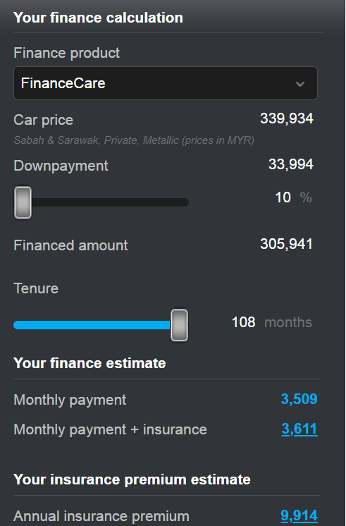 Your finance calculation
Finance product
FinanceCare
Car price
339,934
Sabah & Sarawak, Private, Metallic (prices in MYR)
Downpayment
33,994
10 %
Financed amount
305,941
Tenure
108 months
Your finance estimate
Monthly payment
3,509
Monthly payment + insurance
3,611
Your insurance premium estimate
Annual insurance premium
9,914
