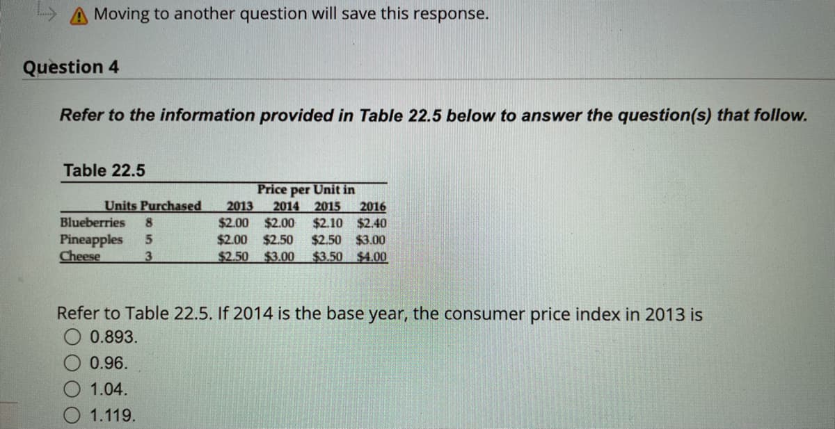 A Moving to another question will save this response.
Question 4
Refer to the information provided in Table 22.5 below to answer the question(s) that follow.
Table 22.5
Price per Unit in
2014 2015
$2.00
Units Purchased
2013
$2.00
$2.00
$2.50
2016
$2.10 $2.40
$2.50
$3.50 $4.00
Blueberries
8
Pineapples
$2.50
$3.00
Cheese
3
$3.00
Refer to Table 22.5. If 2014 is the base year, the consumer price index in 2013 is
0.893.
0.96.
1.04.
1.119.
