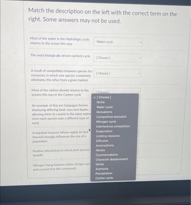 Match the description on the left with the correct term on the
right. Some answers may not be used.
Most of the water in the Hydrologic cycle
returns to the ocean this way
Water cycle
The most biologically driven nutrient cycle
[Choose]
[Choose]
A result of competition between species for
resources, in which one species completely
eliminates the other from a given habitat
Most of the carbon dioxide returns to the
oceans this way in the Carbon cycle
[Choose1
✓ [Choose ]
Niche
An example of this are Galapagos finches
displaying differing beak sizes and depths
allowing them to coexist in the same region
since each species eats a different type of
seed
Water cycle
Mutualisms
Competitive exclusion
Nitrogen cycle
Interference competition
Evaporation
required resource whose supply (or lack
thereof) strongly influences the size of a
population
Limiting resource
Diffusion
Amensalisms
Nitrate
Positive interactions in which both species
benefit
Commensalisms
Character displacement
Nitrite
Nitrogen fixing bacteria utilize nitrogen gas
and convert it to this compound
Ammonia
Precipitation
Carbon cycle