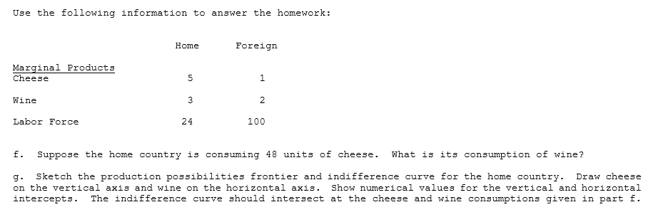 Use the following information to answer the homework:
Home
Foreign
Marginal Products
Cheese
5
Wine
3
2
Labor Force
24
100
Suppose the home country is consuming 48 units of cheese.
f.
What is its consumption of wine?
Sketch the production possibilities frontier and indifference curve for the home country.
g.
on the vertical axis and wine on the horizontal axis.
Draw cheese
Show numerical values for the vertical and horizontal
intercepts.
The indifference curve should intersect at the cheese and wine consumptions given in part f.
