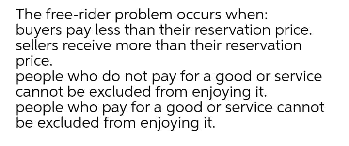 The free-rider problem occurs when:
buyers pay less than their reservation price.
sellers receive more than their reservation
price.
people who do not pay for a good or service
cannot be excluded from enjoying it.
people who pay for a good or service cannot
be excluded from enjoying it.
