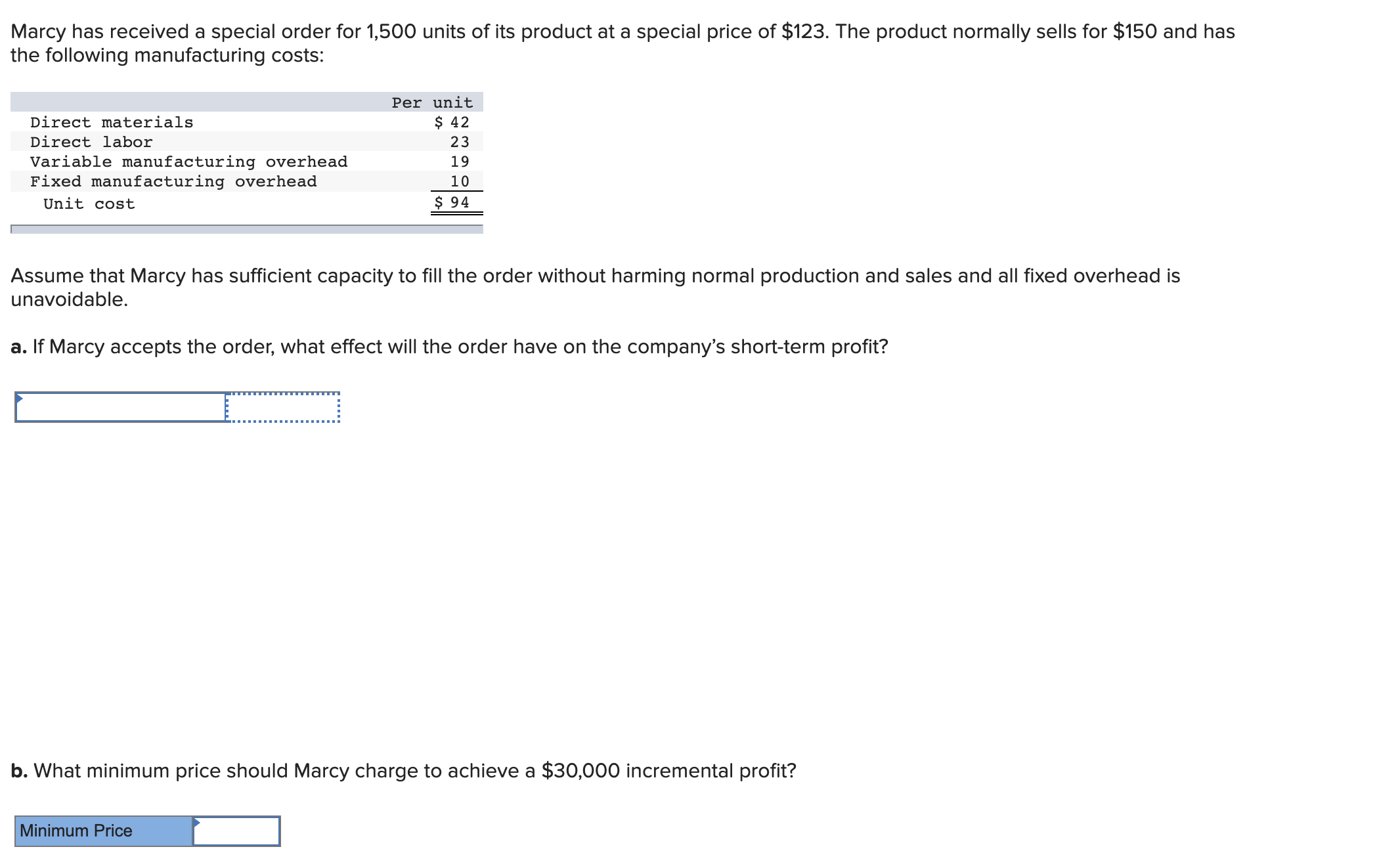 Marcy has received a special order for 1,500 units of its product at a special price of $123. The product normally sells for $150 and has
the following manufacturing costs:
Per unit
Direct materials
$ 42
Direct labor
23
Variable manufacturing overhead
Fixed manufacturing overhead
19
10
Unit cost
$ 94
Assume that Marcy has sufficient capacity to fill the order without harming normal production and sales and all fixed overhead is
unavoidable.
a. If Marcy accepts the order, what effect will the order have on the company's short-term profit?
b. What minimum price should Marcy charge to achieve a $30,000 incremental profit?
Minimum Price
