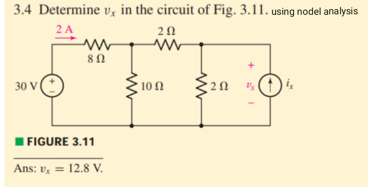 3.4 Determine vỵ in the circuit of Fig. 3.11. using nodel analysis
2 A
2Ω
8Ω
+
30 V
10 N
U ( ↑ ) ix
I FIGURE 3.11
Ans: vỵ = 12.8 V.
2.
