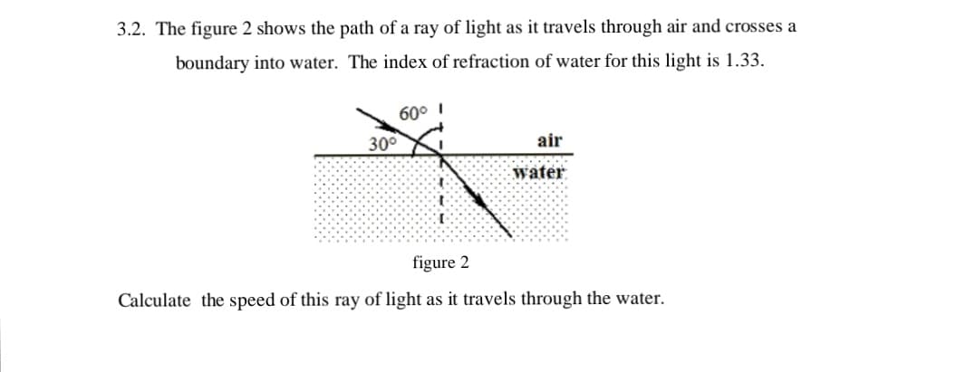 3.2. The figure 2 shows the path of a ray of light as it travels through air and crosses a
boundary into water. The index of refraction of water for this light is 1.33.
60° I
30°
air
water
figure 2
Calculate the speed of this ray of light as it travels through the water.
