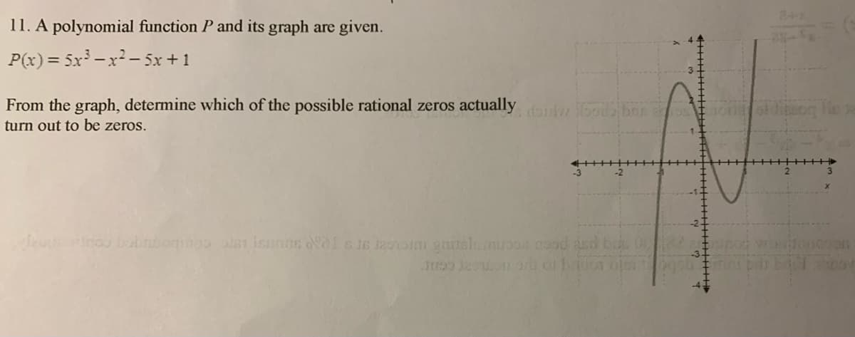 342
11. A polynomial function P and its graph are given.
P(x) = 5x -x² - 5x + 1
%3D
From the graph, determine which of the possible rational zeros actually dw 15o
turn out to be zeros.
