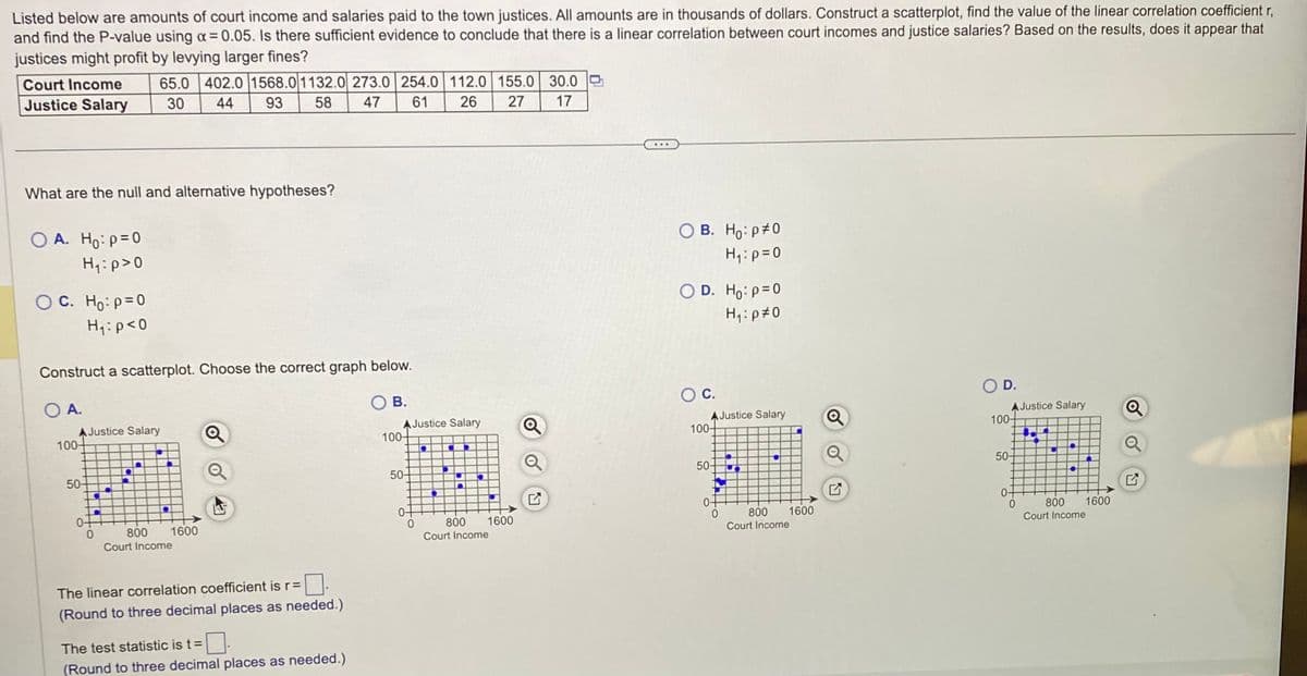Listed below are amounts of court income and salaries paid to the town justices. All amounts are in thousands of dollars. Construct a scatterplot, find the value of the linear correlation coefficient r,
and find the P-value using a = 0.05. Is there sufficient evidence to conclude that there is a linear correlation between court incomes and justice salaries? Based on the results, does it appear that
justices might profit by levying larger fines?
Court Income
65.0 402.0 1568.0 1132.0 273.0 254.0 112.0 155.0 30.0
Justice Salary 30 44 93 58 47 61 26 27 17
What are the null and alternative hypotheses?
OA. Ho: p=0
H₁: p>0
OC. Ho: p=0
H₁: p<0
Construct a scatterplot. Choose the correct graph below.
O A.
SOB.
A Justice Salary
100-
50-
0
1600
800
Court Income
The linear correlation coefficient is r =
(Round to three decimal places as needed.)
The test statistic is t =
(Round to three decimal places as needed.)
100-
50-
0-
Justice Salary
0
●
1
800 1600
Court Income
Q
OB. Ho:p #0
H₁: p=0
O D. Ho: p=0
H₁: p#0
O C.
A Justice Salary
100-
50-
0
S
800 1600
Court Income
O D.
AJustice Salary
100-
50-
0-
0
●
1600
800
Court Income