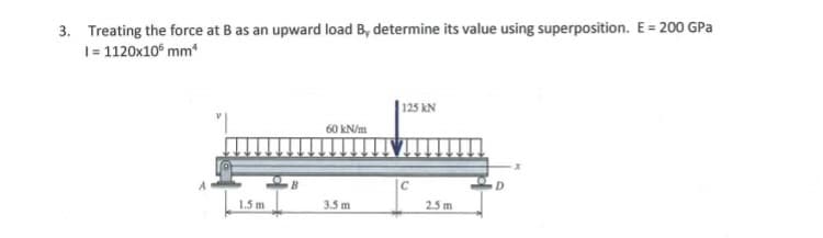 3. Treating the force at B as an upward load B, determine its value using superposition. E= 200 GPa
|= 1120x10° mm*
125 KN
60 kN/m
C
D.
1.5 m
3.5 m
2.5 m
