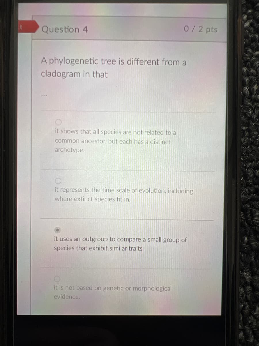 Question 4
0/2 pts
A phylogenetic tree is different from a
cladogram in that
it shows that all species are not related to a
common ancestor, but each has a distinct
archetype.
it represents the time scale of evolution, including
where extinct species fit in.
it uses an outgroup to compare a small group of
species that exhibit similar traits
it is not based on genetic or morphological
evidence,
