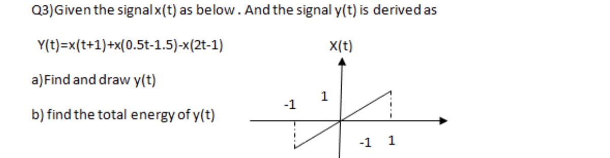 Q3)Given the signalx(t) as below. And the signal y(t) is derived as
Y(t)=x(t+1)+x(0.5t-1.5)-x(2t-1)
X(t)
a) Find and draw y(t)
1
-1
b) find the total energy of y(t)
-1 1
