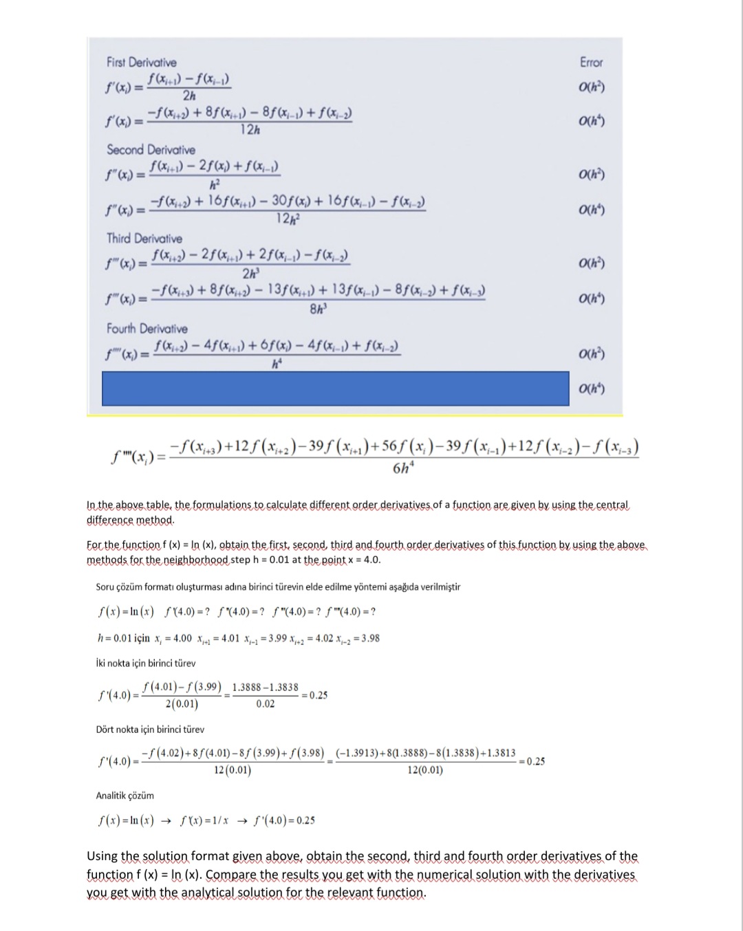 First Derivative
Error
f(x)-f(x-1)
f'(x) =
O(h?)
2h
-f(x,2) + 8f (x,-1) – 8ƒ(x,-1) + f(x,-2)
12h
f'(x) =
O(h")
Second Derivative
f(x)- 2f(x) +f(x-)
f"(x) =
O(h)
h?
-f (x2) + 16f(x)-30f(x) + 16f (x)-1) – f(x)-2)
12½²
f"(x) =
Third Derivative
f(x,2) – 2f(x,) + 2f(x,1) – f (x,-2)
2h
f" (x) =
O(h)
-f(x,s) + 8ƒ(x;+2) – 13ƒ(x,+1) + 13ƒ(x,-1) – 8ƒ (x,--2) + f (x)--)
f"(x,) =
O(h")
8h
Fourth Derivative
f(x2)-4f(x) +6f(x) – 4f(x;-1) + f(x}-2)
f"' (x) =
O(h")
(mr)=f(xs)+12f (x;u2)– 39f (*1)+ 56ƒ (x, )– 39 f(x-1) +12f (x,-_2)– f (*-3)
6h*
In the above table, the formulations to calculate different order derivatives of a function are given by using the central
difference method.
For the function f (x) = In (x), obtain the first, second, third and fourth order derivatives of this function by using the above
methods for the neighborhood step h = 0.01 at the point x = 4.0.
Soru çözüm formatı oluşturması adına birinci türevin elde edilme yöntemi aşağıda verilmiştir
f(x) = In (x) ƒ(4.0) = ? ƒ "(4.0)=? f"(4.0) = ? f "(4.0) = ?
h = 0.01 için x, = 4.00 x = 4.01 x,-1 = 3.99 x,2 = 4.02 x-2 = 3.98
İki nokta için birinci türev
f (4.01)– ƒ (3.99) 1.3888–1.3838
2(0.01)
S'(4.0) =
= 0,25
0.02
Dört nokta için birinci türev
-(4.02)+ 8f (4.01) – 8f (3.99)+ f(3.98) _ (-1.3913)+8(1.3888)– 8(1.3838)+1.3813
S'(4.0) =
= 0.25
12 (0.01)
12(0.01)
Analitik çözüm
f(x) = In (x)
f (x) = 1 / x → f '(4.0) = 0.25
Using the solution format given above, obtain the second, third and fourth order derivatives of the
function f (x) = In (x). Compare the results you get with the numerical solution with the derivatives
you get with the analytical solution for the relevant function.
