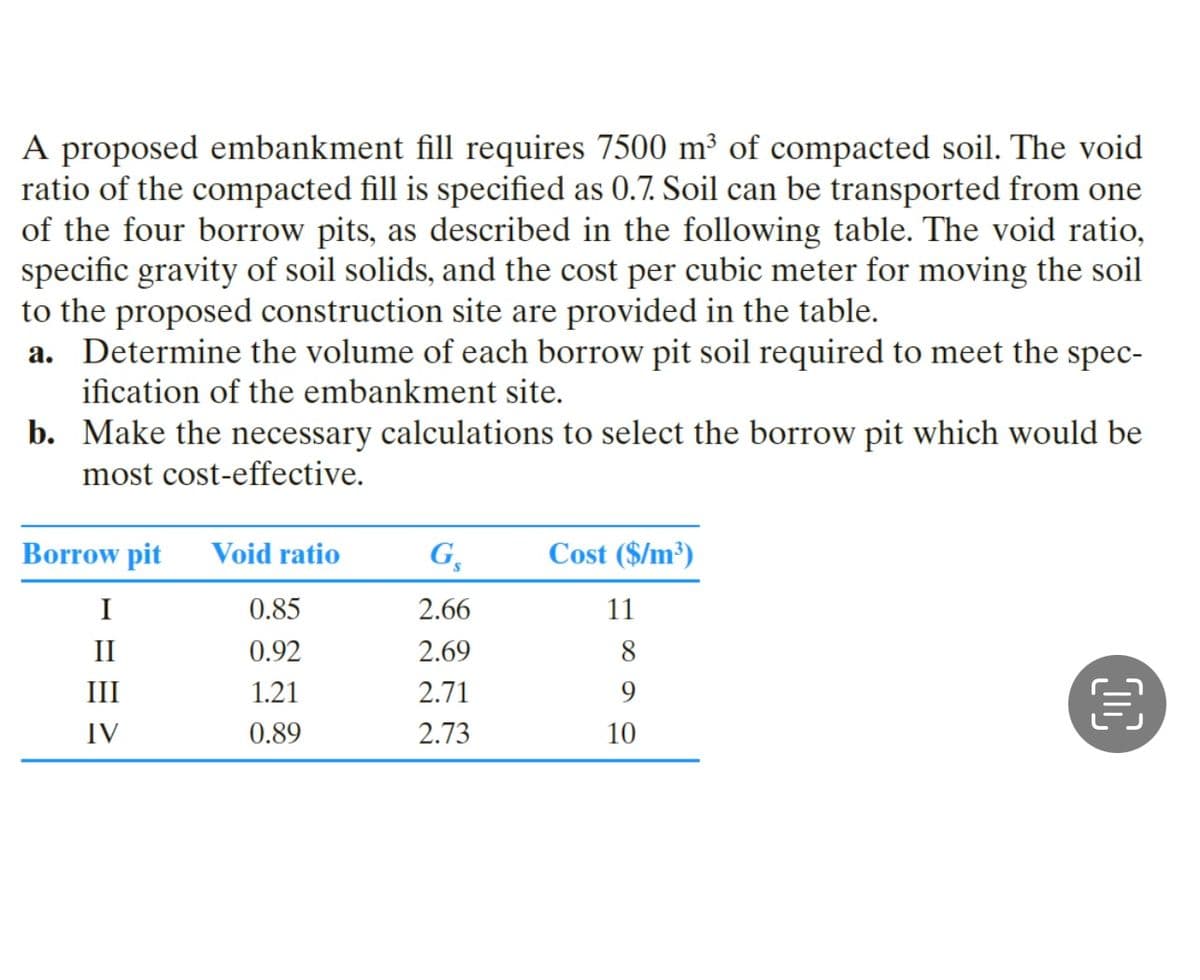 A proposed embankment fill requires 7500 m³ of compacted soil. The void
ratio of the compacted fill is specified as 0.7. Soil can be transported from one
of the four borrow pits, as described in the following table. The void ratio,
specific gravity of soil solids, and the cost per cubic meter for moving the soil
to the proposed construction site are provided in the table.
a. Determine the volume of each borrow pit soil required to meet the spec-
ification of the embankment site.
b. Make the necessary calculations to select the borrow pit which would be
most cost-effective.
Borrow pit
Void ratio
GS
Cost ($/m³)
I
0.85
2.66
11
II
0.92
2.69
III
1.21
2.71
9
IV
0.89
2.73
10
Q