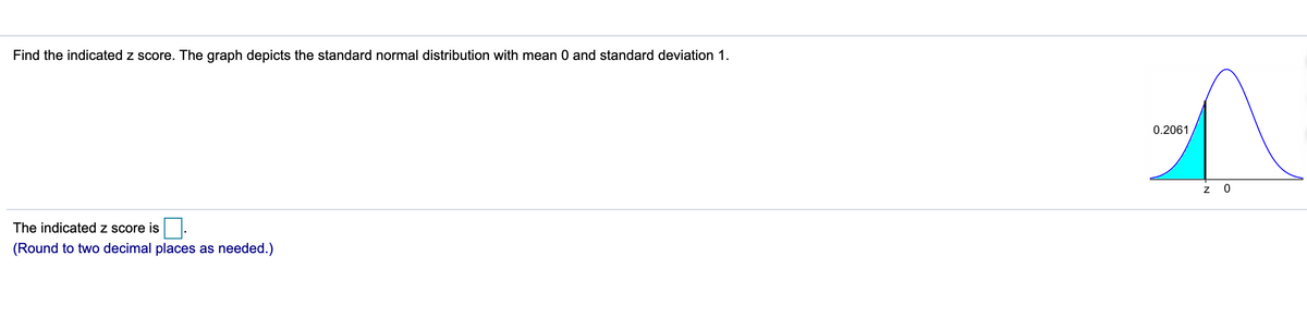 Find the indicated z score. The graph depicts the standard normal distribution with mean 0 and standard deviation 1.
0.2061
z O
The indicated z score is
(Round to two decimal places as needed.)
