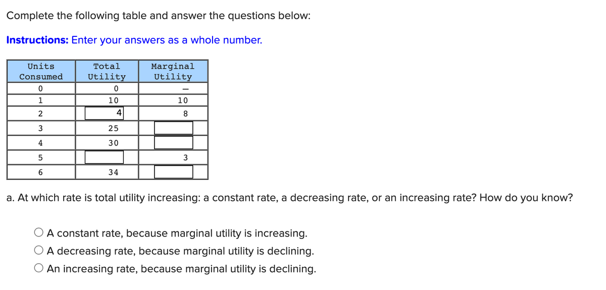 Complete the following table and answer the questions below:
Instructions: Enter your answers as a whole number.
Units
Consumed
0
1
2
3
4
5
6
Total
Utility
0
10
4
25
30
34
Marginal
Utility
10
8
3
a. At which rate is total utility increasing: a constant rate, a decreasing rate, or an increasing rate? How do you know?
A constant rate, because marginal utility is increasing.
A decreasing rate, because marginal utility is declining.
O An increasing rate, because marginal utility is declining.