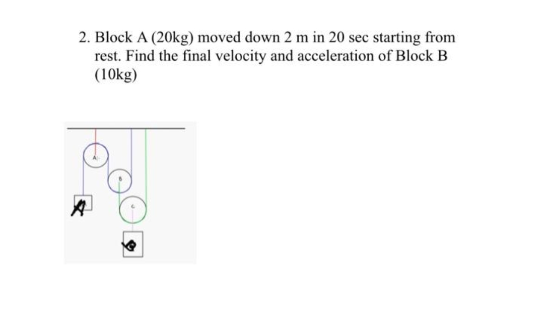 2. Block A (20kg) moved down 2 m in 20 sec starting from
rest. Find the final velocity and acceleration of Block B
(10kg)
