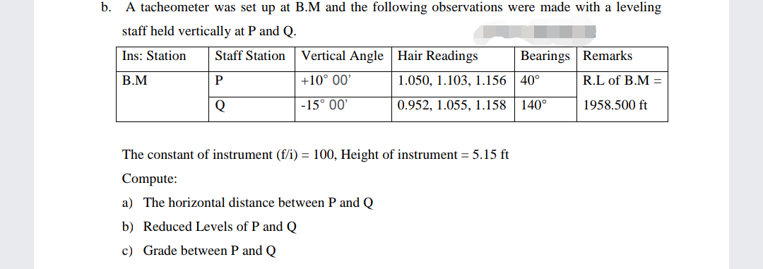 b. A tacheometer was set up at B.M and the following observations were made with a leveling
staff held vertically at P and Q.
Ins: Station
Staff Station
Vertical Angle Hair Readings
Bearings Remarks
В.М
P
+10° 00'
1.050, 1.103, 1.156 | 40°
R.L of B.M =
Q
-15° 00'
0.952, 1.055, 1.158 | 140°
1958.500 ft
The constant of instrument (f/i) = 100, Height of instrument = 5.15 ft
Compute:
a) The horizontal distance between P and Q
b) Reduced Levels of P and Q
c) Grade between P and Q
