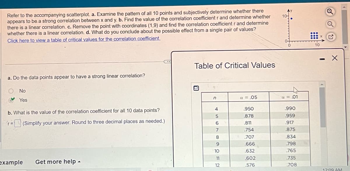 Refer to the accompanying scatterplot. a. Examine the pattern of all 10 points and subjectively determine whether there
appears to be a strong correlation between x and y. b. Find the value of the correlation coefficient r and determine whether
there is a linear correlation. c. Remove the point with coordinates (1,9) and find the correlation coefficient r and determine
whether there is a linear correlation. d. What do you conclude about the possible effect from a single pair of values?
Click here to view a table of critical values for the correlation coefficient.
a. Do the data points appear to have a strong linear correlation?
No
Yes
b. What is the value of the correlation coefficient for all 10 data points?
=(Simplify your answer. Round to three decimal places as needed.)
example
C
Get more help.
Table of Critical Values
e
n
456789 OFE
10
11
12
a = .05
.950
.878
.811
.754
.707
.666
.632
.602
.576
10-
a = .01
.990
.959
.917
.875
.834
798
.765
735
708
10
X
12:09 AM
