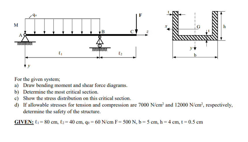 F
M
h
B
b
For the given system;
a) Draw bending moment and shear force diagrams.
b) Determine the most critical section.
c) Show the stress distribution on this critical section.
d) If allowable stresses for tension and compression are 7000 N/cm² and 12000 N/em², respectively,
determine the safety of the structure.
GIVEN: €1 = 80 cm, €2= 40 cm, qo = 60 N/cm F= 500 N, b = 5 cm, h = 4 cm, t = 0.5 cm
