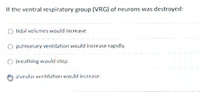 If the ventral respiratory group (VRG) of neurons was destroyed:
tidal volumes would increase.
O pulmonary ventilation would increase rapidly.
Obreathing would stop.
alveolar ventilation would increase