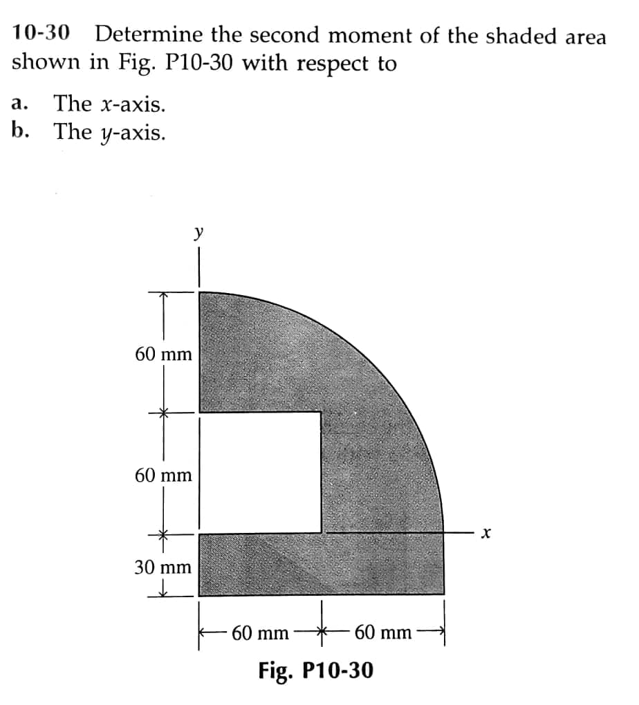 10-30 Determine the second moment of the shaded area
shown in Fig. P10-30 with respect to
а.
The x-axis.
b. The y-axis.
y
60 mm
60 mm
30 mm
60 mm
60 mm
Fig. P10-30
