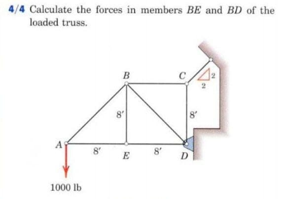 4/4 Calculate the forces in members BE and BD of the
loaded truss.
B
8'
8'
AS
8'
8'
E
D
1000 lb

