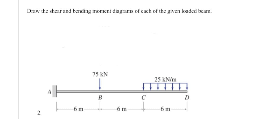 Draw the shear and bending moment diagrams of each of the given loaded beam.
2.
A
-
-6 m
75 kN
B
+
-6 m
C
+
25 kN/m
-6 m