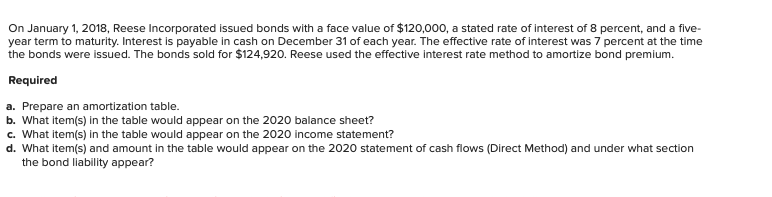 On January 1, 2018, Reese Incorporated issued bonds with a face value of $120,000, a stated rate of interest of 8 percent, and a five-
year term to maturity. Interest is payable in cash on December 31 of each year. The effective rate of interest was 7 percent at the time
the bonds were issued. The bonds sold for $124,920. Reese used the effective interest rate method to amortize bond premium.
Required
a. Prepare an amortization table.
b. What item(s) in the table would appear on the 2020 balance sheet?
c. What item(s) in the table would appear on the 2020 income statement?
d. What item(s) and amount in the table would appear on the 2020 statement of cash flows (Direct Method) and under what section
the bond liability appear?

