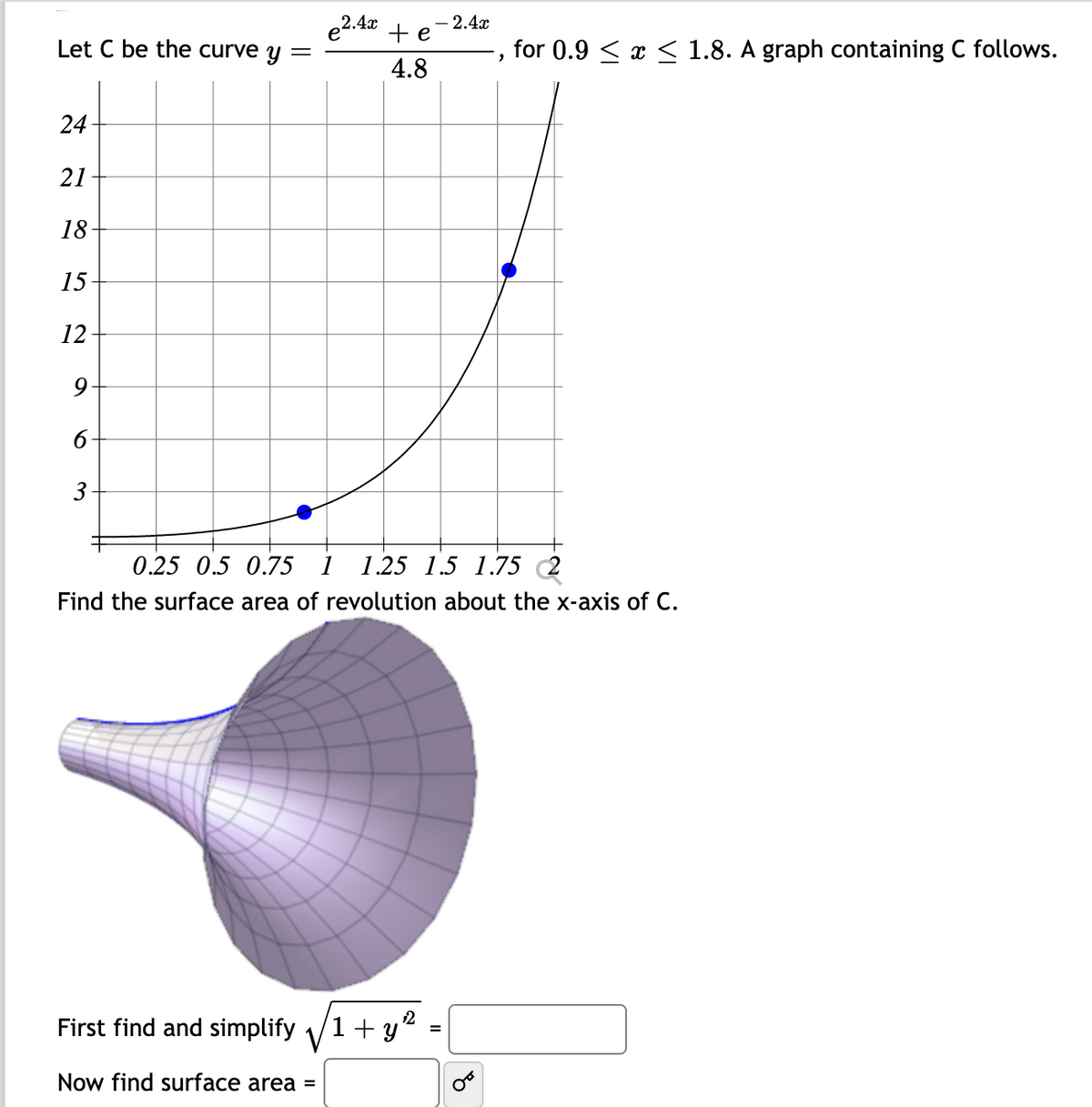 e2.4x
+ e
— 2.4х
Let C be the curve y
for 0.9 < x < 1.8. A graph containing C follows.
4.8
24
21
18
15
12
6-
3
0.25 0.5 0.75 1 1.25 1.5 1.75 2
Find the surface area of revolution about the x-axis of C.
First find and simplify /1+ y2
=
Now find surface area =
