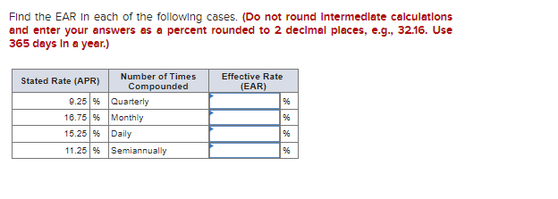 Find the EAR in each of the following cases. (Do not round Intermediate calculations
and enter your answers as a percent rounded to 2 decimal places, e.g., 32.16. Use
365 days in a year.)
Stated Rate (APR)
9.25 %
16.75 %
15.25 %
11.25 %
Number of Times
Compounded
Quarterly
Monthly
Daily
Semiannually
Effective Rate
(EAR)
%
%6
%
%