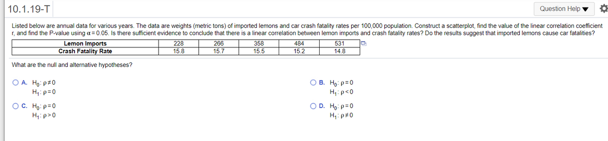 10.1.19-T
Question Help
Listed below are annual data for various years. The data are weights (metric tons) of imported lemons and car crash fatality rates per 100,000 population. Construct a scatterplot, find the value of the linear correlation coefficient
r, and find the P-value using a = 0.05. Is there sufficient evidence to conclude that there is a linear correlation between lemon imports and crash fatality rates? Do the results suggest that imported lemons cause car fatalities?
Lemon Imports
Crash Fatality Rate
228
266
358
484
531
15.8
15.7
15.5
15.2
14.8
What are the null and alternative hypotheses?
O A. Ho: p+0
O B. Ho: p=0
H,:p=0
H:p<0
O C. Ho: p=0
O D. Ho: p=0
H,: p>0
H,: p#0

