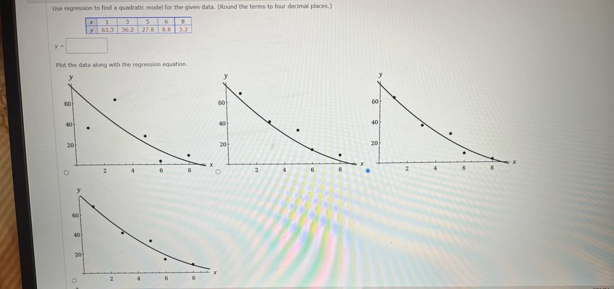 Use regression to find a quadratic model for the given data. (Round the terms to four decimal places.)
3
6.
8.
y 63.3 36.2 27.8 8.8 3.2
y =
Plot the data along with the regression equation.
y
y
y
60
60
60
40
40
40
20
20
20
8.
4
6
8.
2
4.
6.
y
60
40
20
