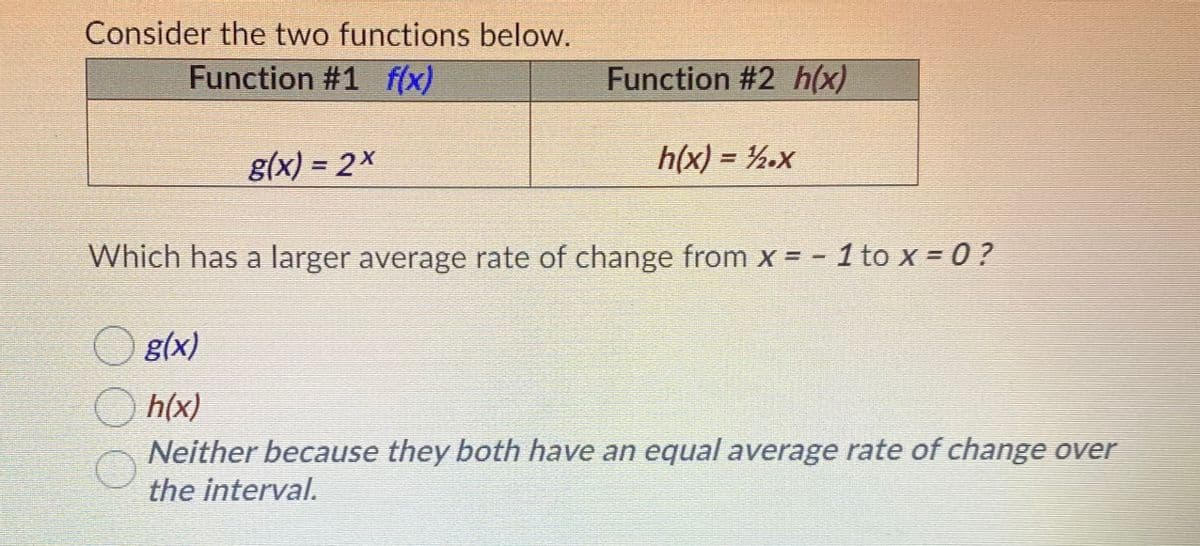 Consider the two functions below.
Function #1 f(x)
Function #2 h(x)
g(x) = 2x
h(x) = %x
Which has a larger average rate of change from x = - 1 to x = 0 ?
O g(x)
O h(x)
Neither because they both have an equal average rate of change over
the interval.
