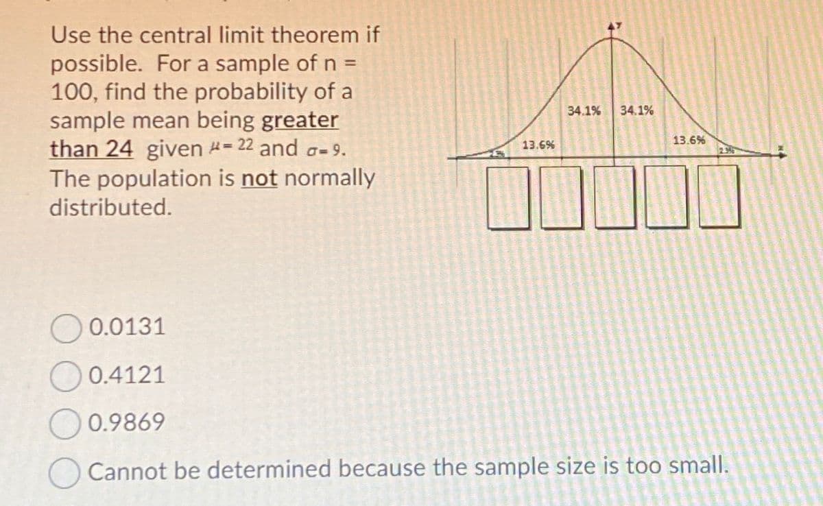 Use the central limit theorem if
possible. For a sample of n =
100, find the probability of a
sample mean being greater
than 24 given = 22 and a- 9.
The population is not normally
distributed.
34.1%
34.1%
13.6%
13.6%
O 0.0131
O 0.4121
O 0.9869
Cannot be determined because the sample size is too small.
