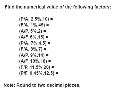 Find the numerical value of the following factors:
(P/A, 2.5%,10) =
(F/A, 1%,45) =
(A/P, 5%,2) =
(A/F, 6%,15) =
(PIA, 7%,4.5) =
(F/A, 8%,7) =
(A/P, 9%,14) =
(A/F, 10%,18) =
(F/P, 11.5%,20) =
(P/F, 0.45%,12.5) =
Note: Round to two decimal places.

