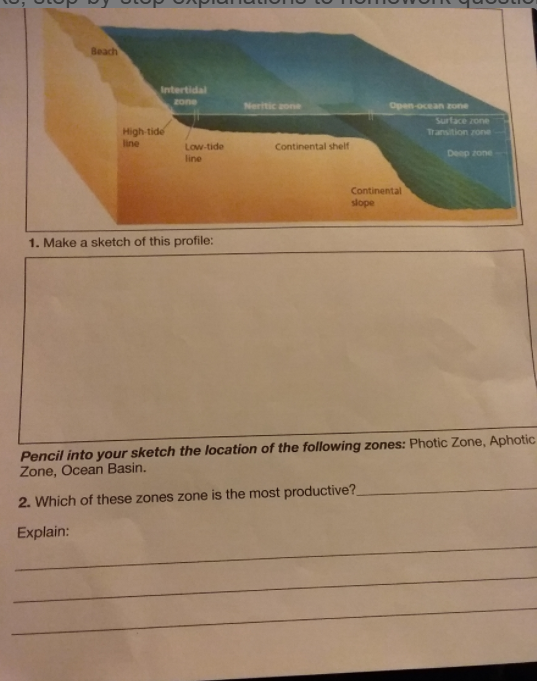 Beach
Intertidal
zone
Neritic aone
Open ocean zone
Surface zone
High-tide
Transition zone
line
Low-tide
Continental shelf
Deep zone
line
Continental
slope
1. Make a sketch of this profile:
Pencil into your sketch the location of the following zones: Photic Zone, Aphotic
Zone, Ocean Basin.
2. Which of these zones zone is the most productive?
Explain:
