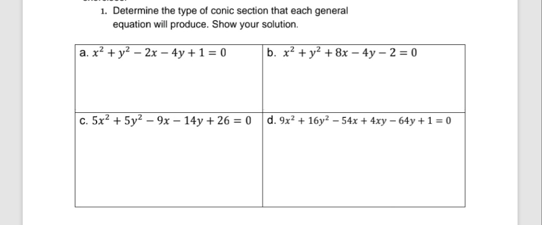 1. Determine the type of conic section that each general
equation will produce. Show your solution.
a. x² + y² - 2x - 4y + 1 = 0
c. 5x² + 5y² - 9x - 14y + 26 = 0
b. x² + y² + 8x - 4y - 2 = 0
d. 9x² + 16y2 - 54x + 4xy-64y + 1 = 0