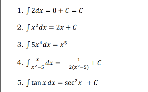 1. / 2dx 3D 0 + С %3D С
2. Sx²dx = 2x + C
%3D
3. S 5x*dx = x5
1
4. Sdx =
+ С
2(х2-5)
x2-5
5. ſ tan x dx = sec?x + C
