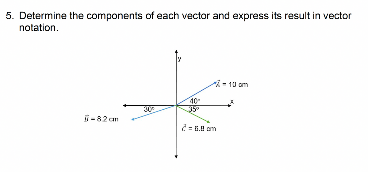 5. Determine the components of each vector and express its result in vector
notation.
B = 8.2 cm
30⁰
y
40⁰
35⁰
À =
C = 6.8 cm
= 10 cm
X