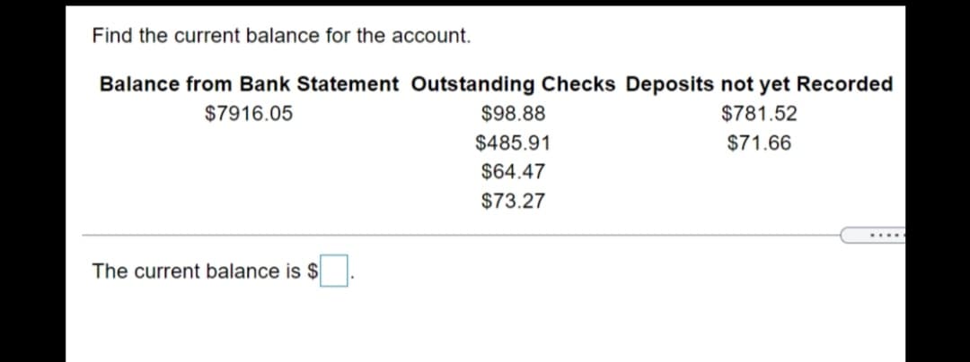 Find the current balance for the account.
Balance from Bank Statement Outstanding Checks Deposits not yet Recorded
$7916.05
$98.88
$781.52
$485.91
$71.66
$64.47
$73.27
.....
The current balance is $
