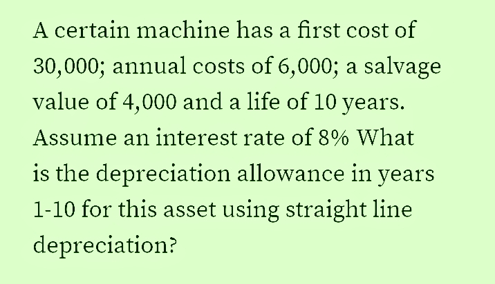 A certain machine has a first cost of
30,000; annual costs of 6,000; a salvage
value of 4,000 and a life of 10 years.
Assume an interest rate of 8% What
is the depreciation allowance in years
1-10 for this asset using straight line
depreciation?
